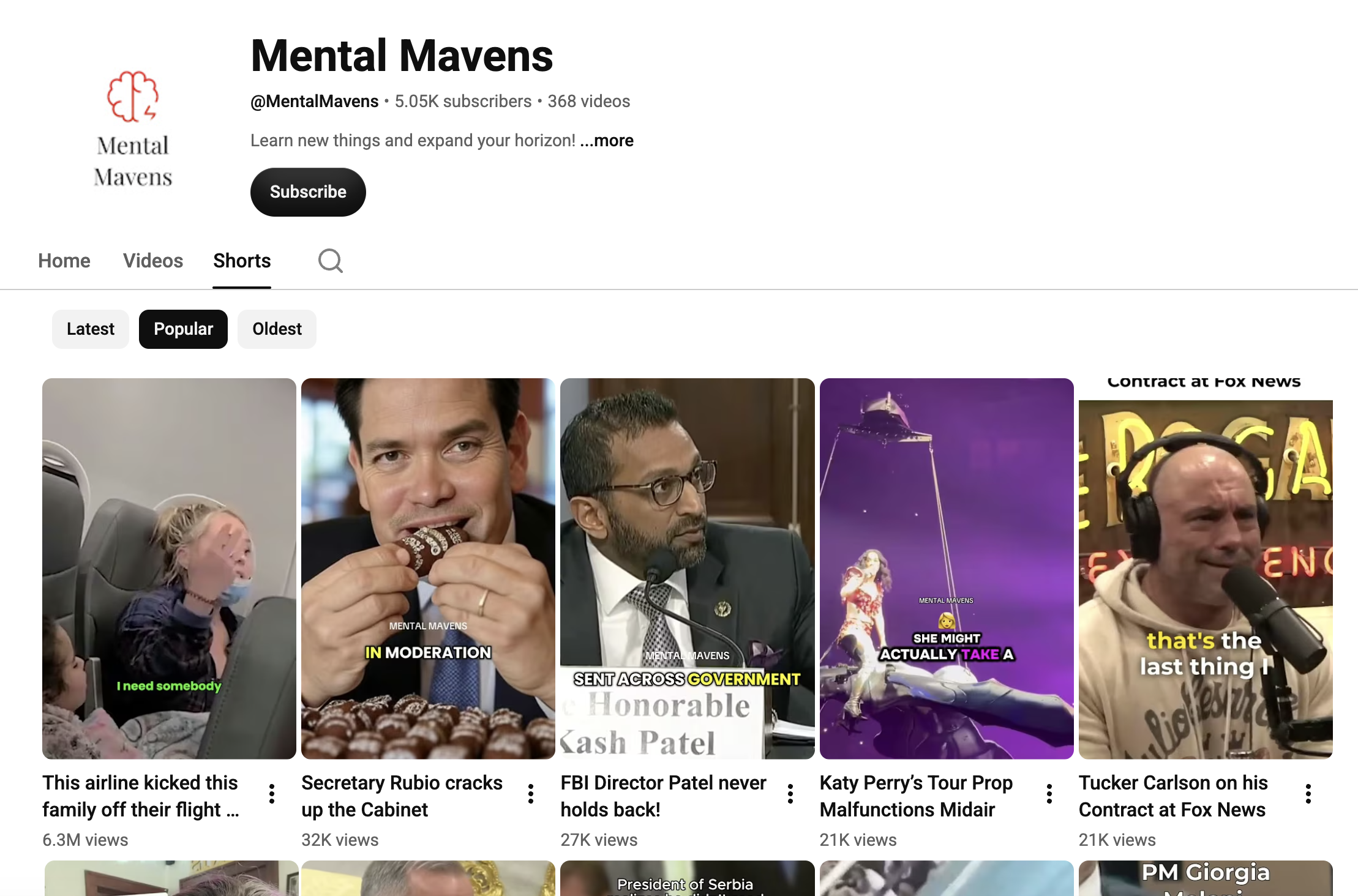 Mental Mavens YouTube channel analytics showing millions of views across Shorts