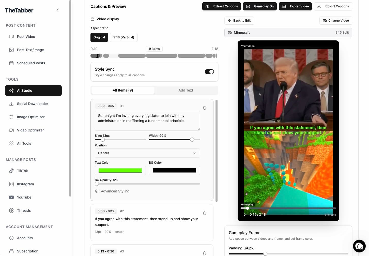 TheTabber AI Caption Creator showing split-screen video with gameplay footage
